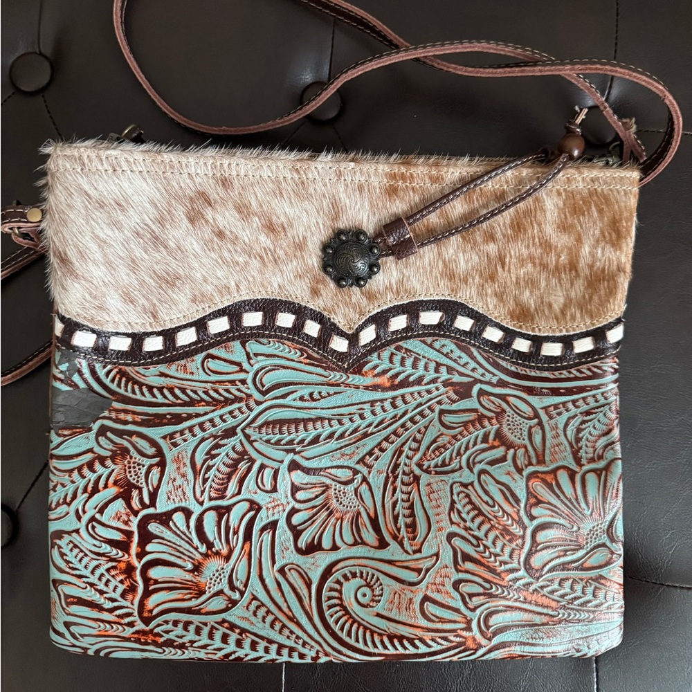 Myra Blue Isle Small Western Boho
Crossbody Cowhide Embossed Leather Handbag